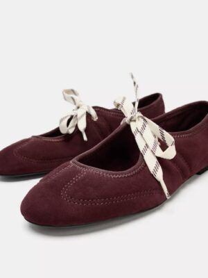 Zara lace up split suede ballet flat shoes in burgundy 41