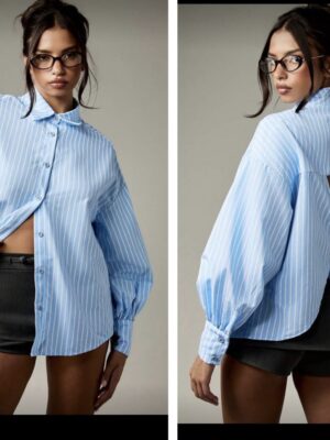 Missguided stripe button open back button down shirt in blue 12/14