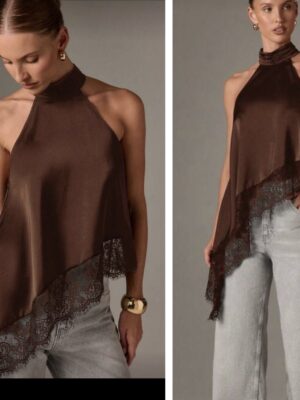 SHEIN halter Lacey assymetric top in coffee brown 12/14