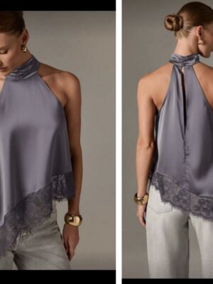 SHEIN halter Lacey assymetric top in grey 12/14
