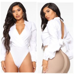 Fashionnova classy long sleeve open back bodysuit in white
