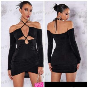 Shein front criss  tie neck stretchy dress in black 12/14