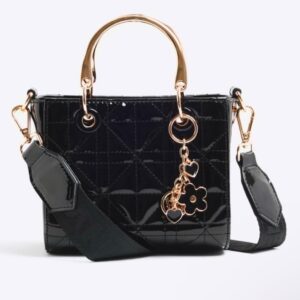 Riverisland black patent quilted charm top handle bag