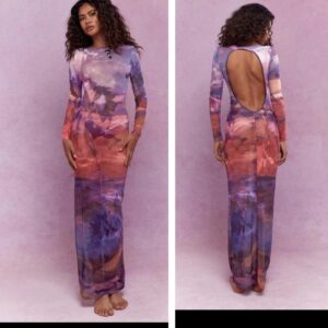 missguided mesh back cut out back long sleeve multi color purple/orange dress 12/14