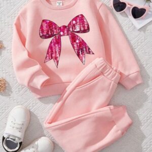 Shein baby girl two piece jogger sequin bow  in baby pink 4/6yrs