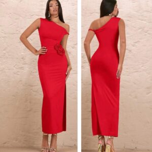Shein asymmetric 3d rose dress in red with side slit 12/14