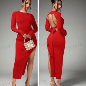 Shein sexy backless long sleeve high slit dress in red 10
