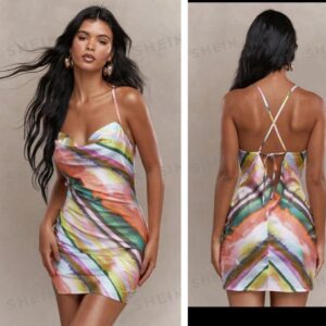missguided satin cowl neck cami mini criss cross back dress in multi color