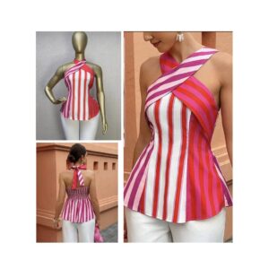 SHEIN halter multi color striped peplum top L