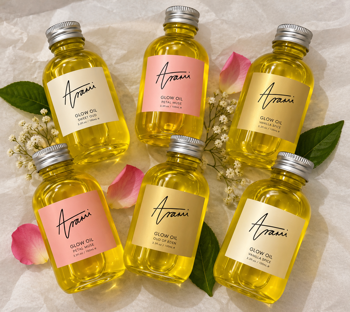 Arami glow oil 100ml vanilla spice, sweet oud, oud of Eden Arami glow oil 100ml vanilla spice, sweet oud, oud of Eden