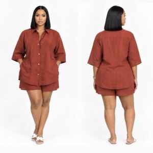 Barbz and co rtw dark brown  two piece linen short set 12/14/16