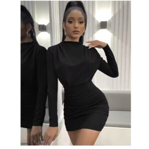 SHEIN high neck long sleeve mini side ruched dress in black
