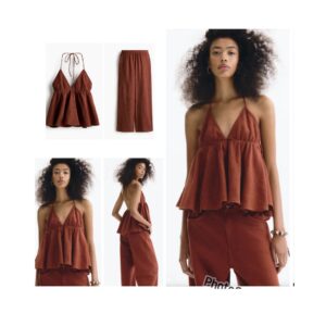 H & M two piece bubble neck cotton halter neck top & straight muslin trousers in rust red brown L