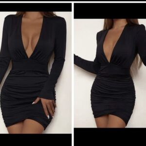 Shein deep plunge side ruched dress in black 12/14
