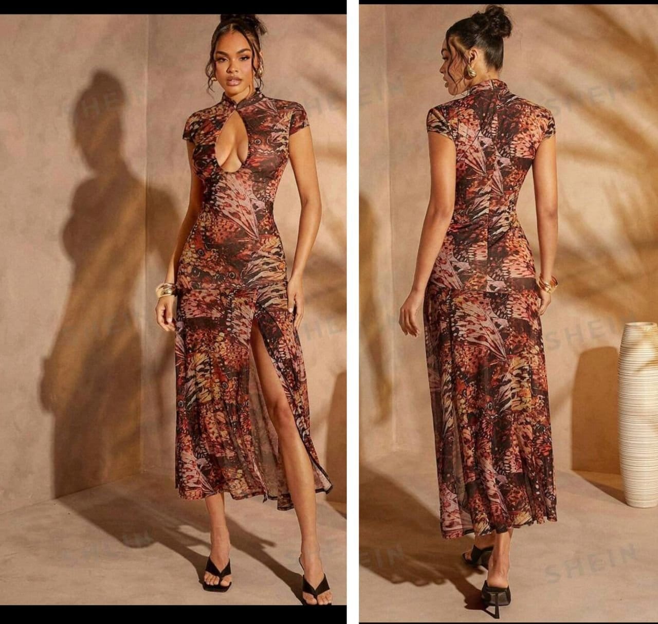 Shein keyhole boob cut high slit vintage dress in brownish multi color 12-14 Shein keyhole boob cut high slit vintage dress in brownish multi color 12-14