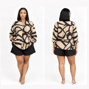 Barbz and co rtw classy two piece  silky abstract top in nude & black short set 14/16