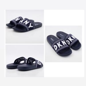 DKNY Rouge Logo Knit Strap Sliders in navy blue flat slippers slide