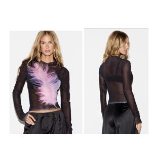 SHEIN mesh top with pink feather details M