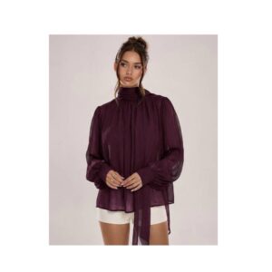 SHEIN long sleeve high neck elegant chiffon blouse tie neck top in red violet purple  XL
