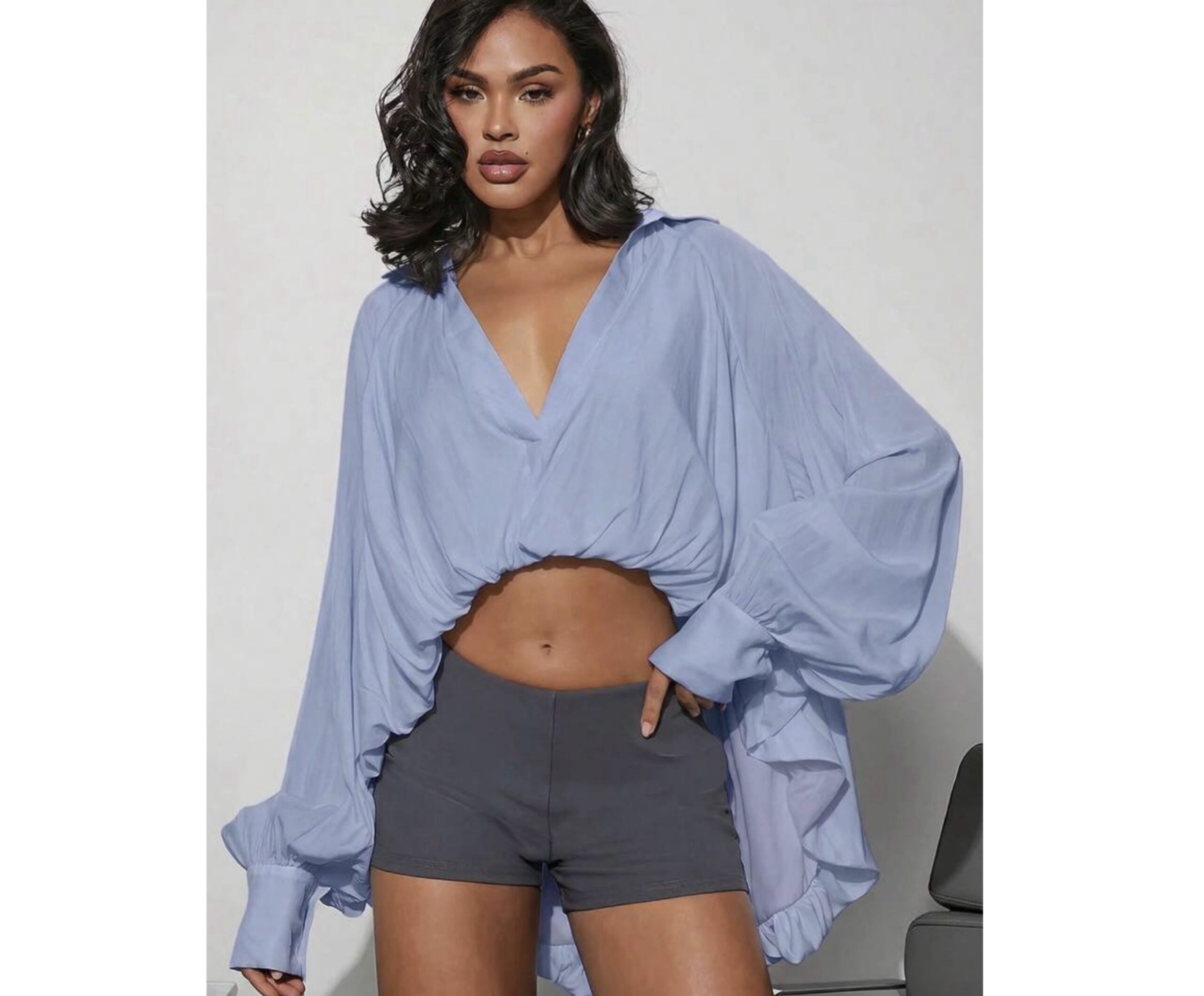 SHEIN puffy high low shirt top in blue L SHEIN puffy high low shirt top in blue L