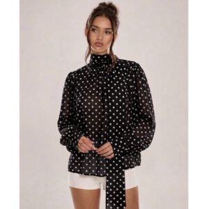 SHEIN long sleeve high neck elegant chiffon blouse tie neck top in black base Polka dot