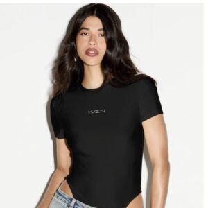 SHEIN kizn solid short sleeve bodysuit with round high neck in black L
