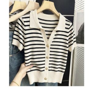SHEIN solid stripe short sleeve knit top with gold buttons in black & white L
