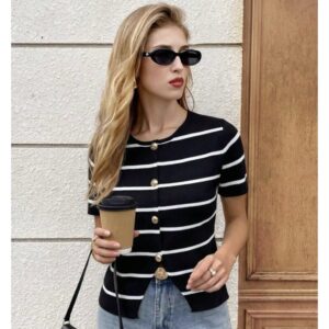SHEIN knit stripe top in white & black with front slit with gold button M