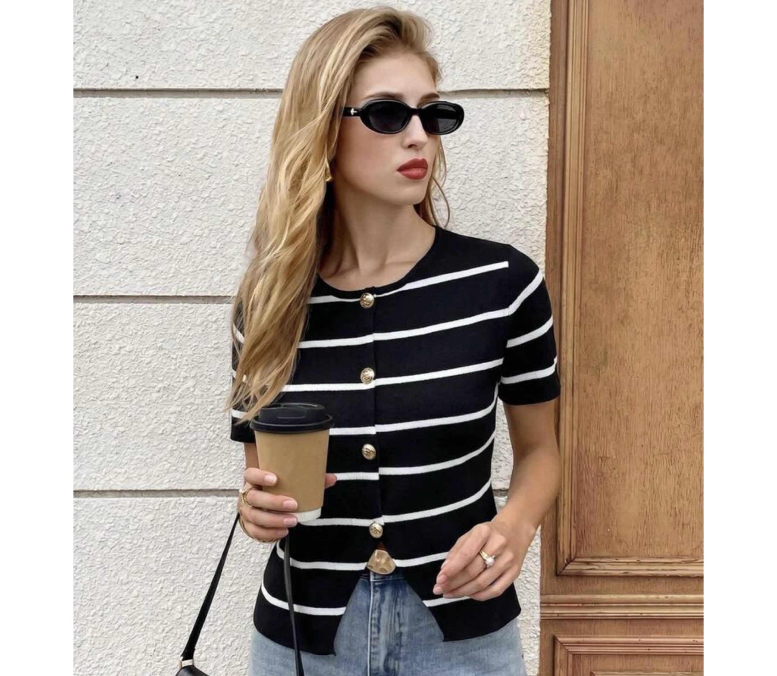 SHEIN knit stripe top in white & black with front slit with gold button M SHEIN knit stripe top in white & black with front slit with gold button M