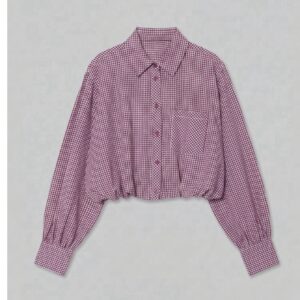 SHEIN  crop gingham  collar  plaid shirt in magenta with pocket