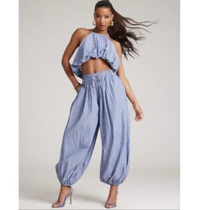 SHEIN two piece halter balloon top and pant in stripe blue 10