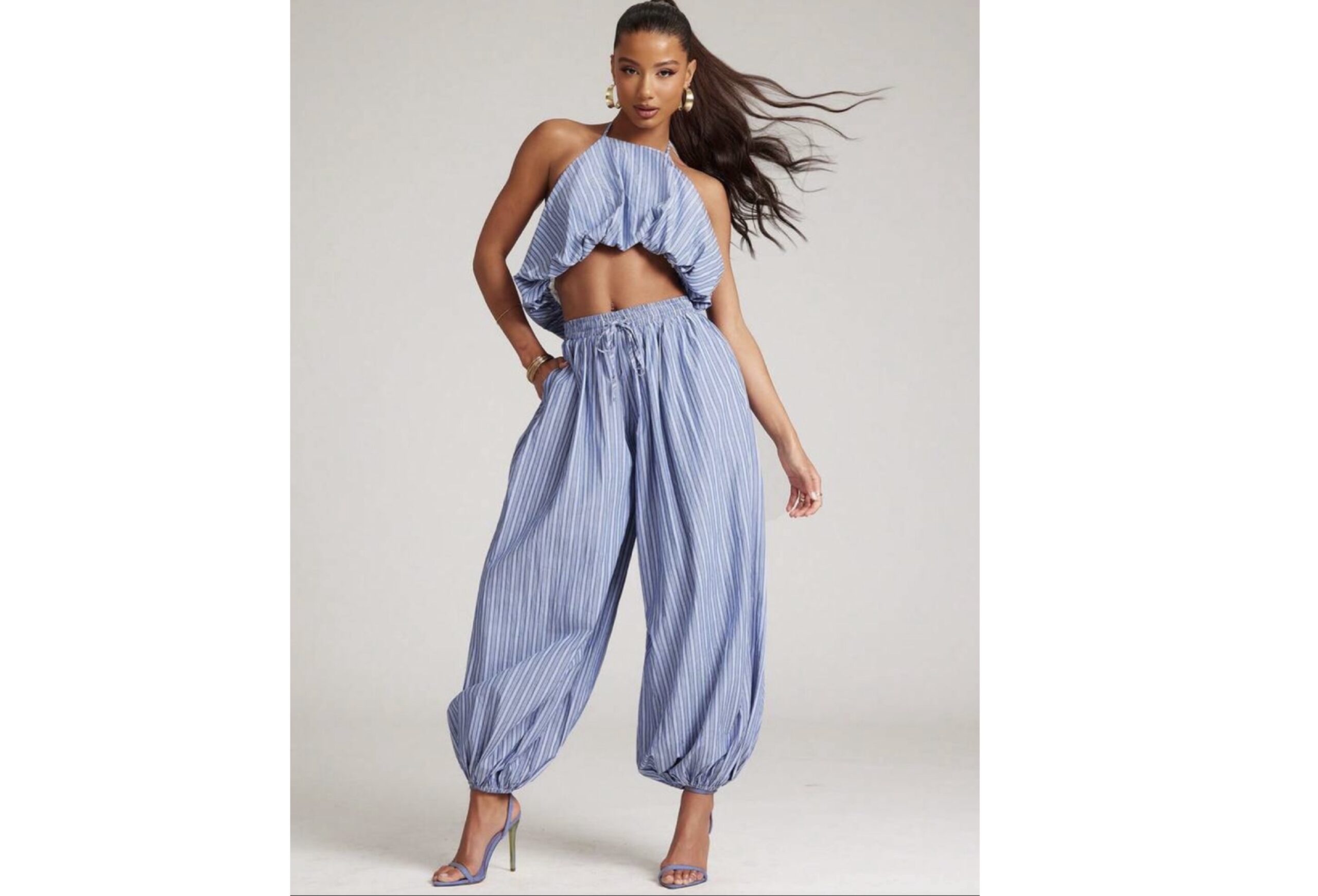 SHEIN two piece halter balloon top and pant in stripe blue 10 SHEIN two piece halter balloon top and pant in stripe blue 10