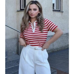 SHEIN short sleeve collar stripe  tshirt in red mix L