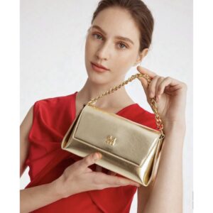 Shein stylish flap gold purse bag with M details