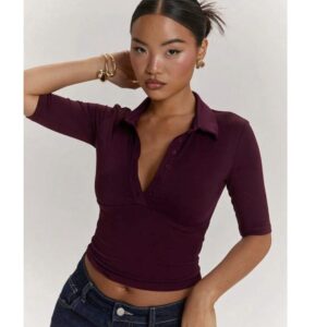 Shein collar  casual top in red violet burgundy