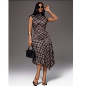 SHEIN high neck sexy high low asymmetrical dress in brown plaid L