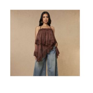 SHEIN cami Lacey trimmed  criss cross back top in brown L