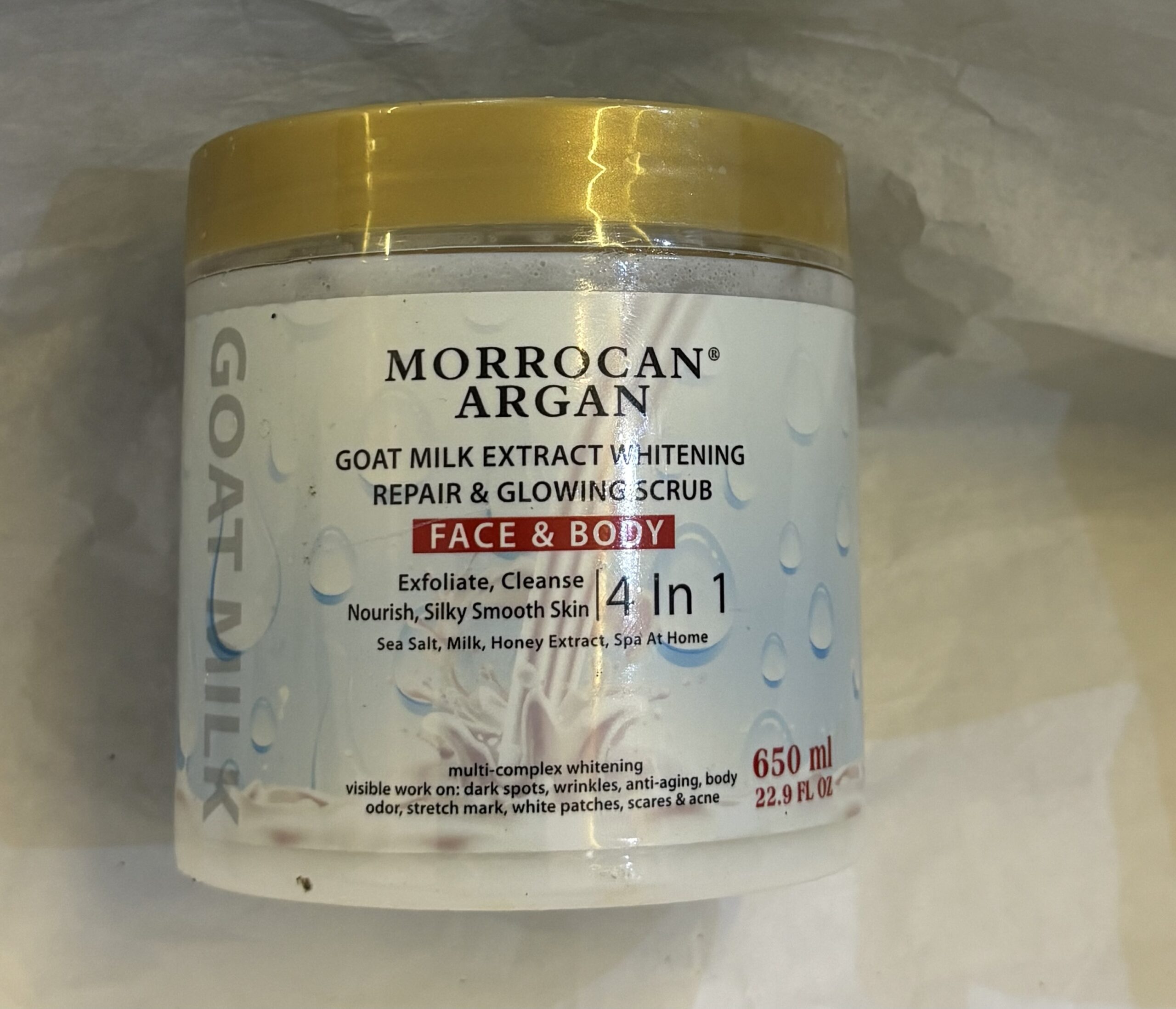Morrocan Argan goat milk extract whitening repair & glowing scrub 650ml Morrocan Argan goat milk extract whitening repair & glowing scrub 650ml
