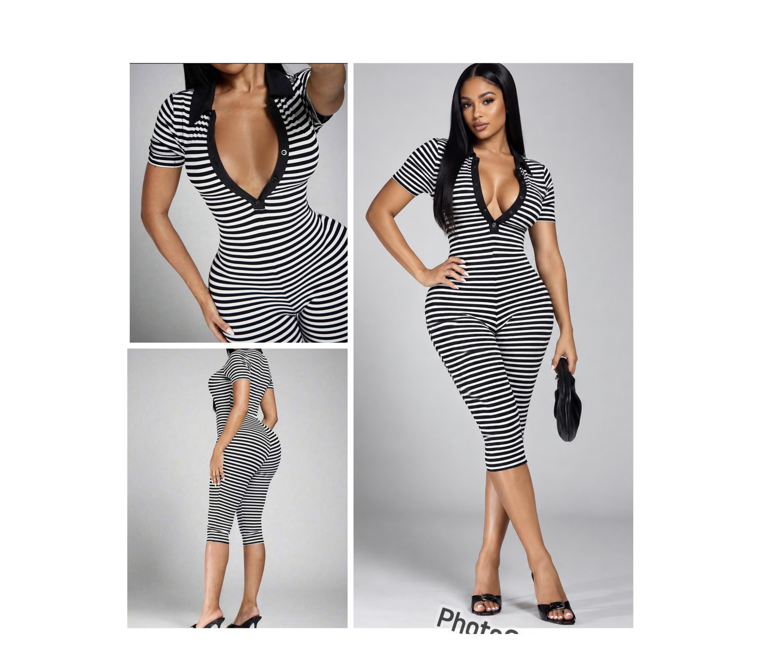 SHEIN stripe collar romper jumpsuit in black mix M SHEIN stripe collar romper jumpsuit in black mix M - Image 2