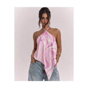 SHEIN halter assymetric scarf silk backless top in pink vintage mix L
