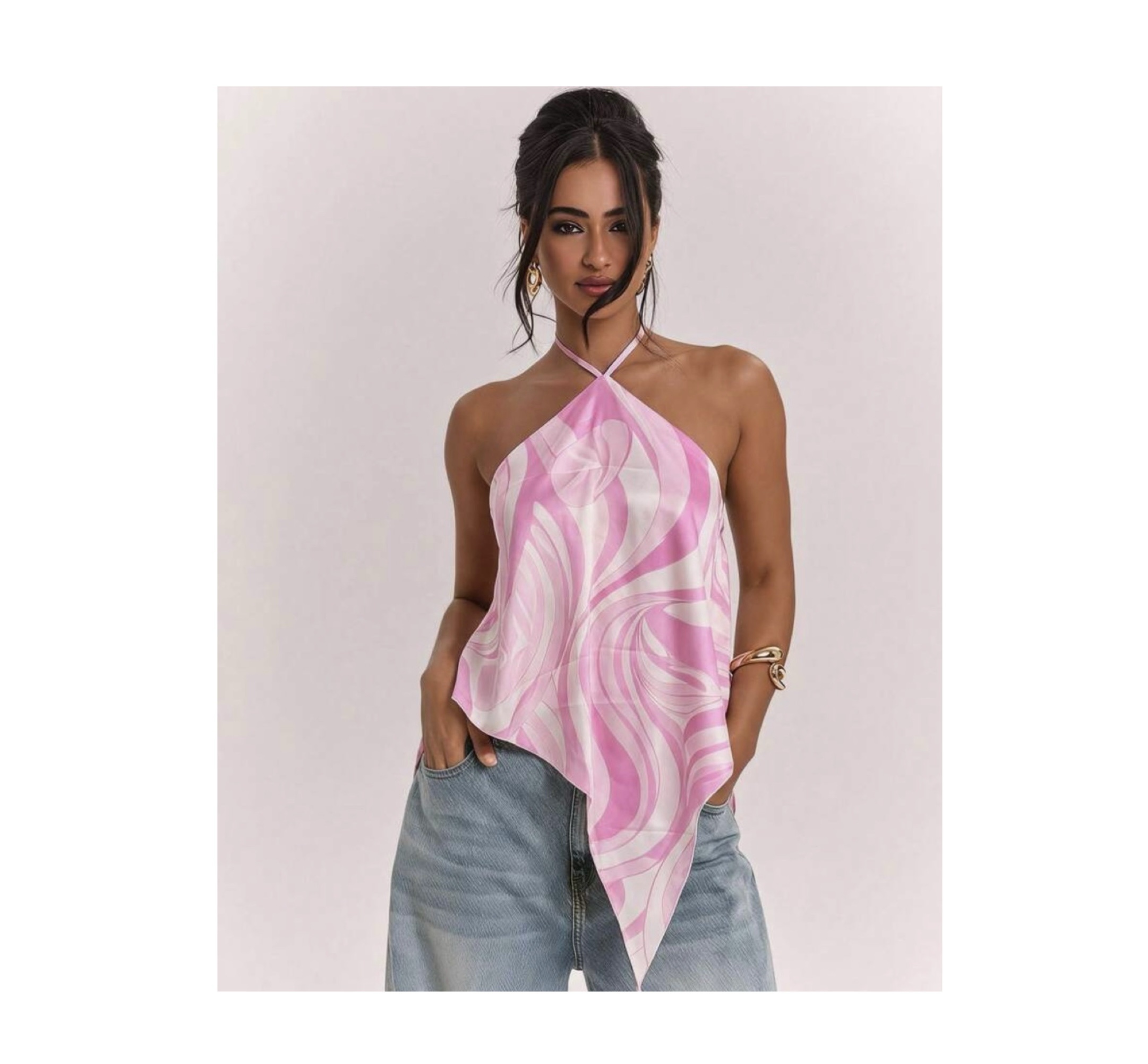 SHEIN halter assymetric scarf silk backless top in pink vintage mix L SHEIN halter assymetric scarf silk backless top in pink vintage mix L