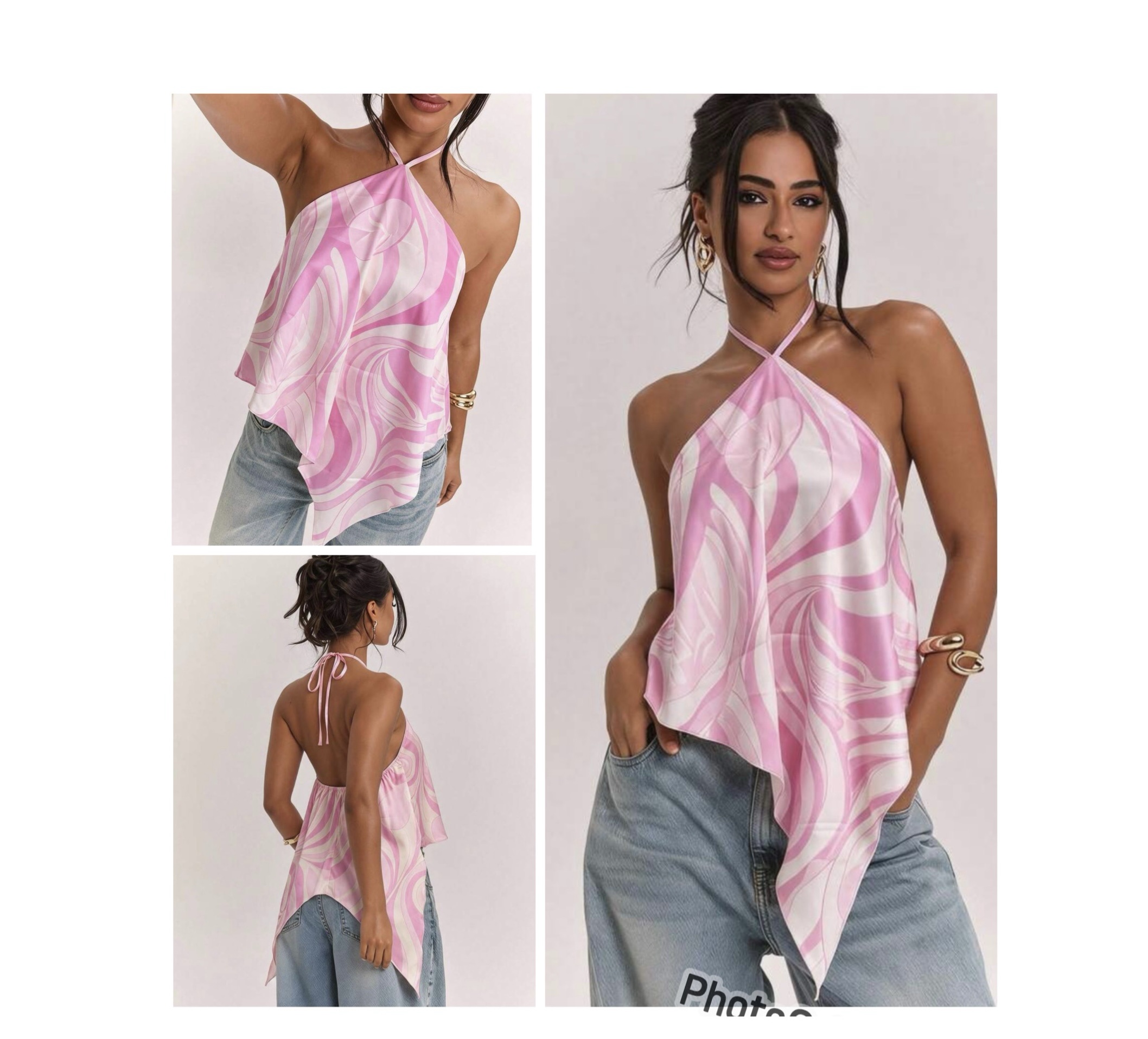 SHEIN halter assymetric scarf silk backless top in pink vintage mix L SHEIN halter assymetric scarf silk backless top in pink vintage mix L - Image 2