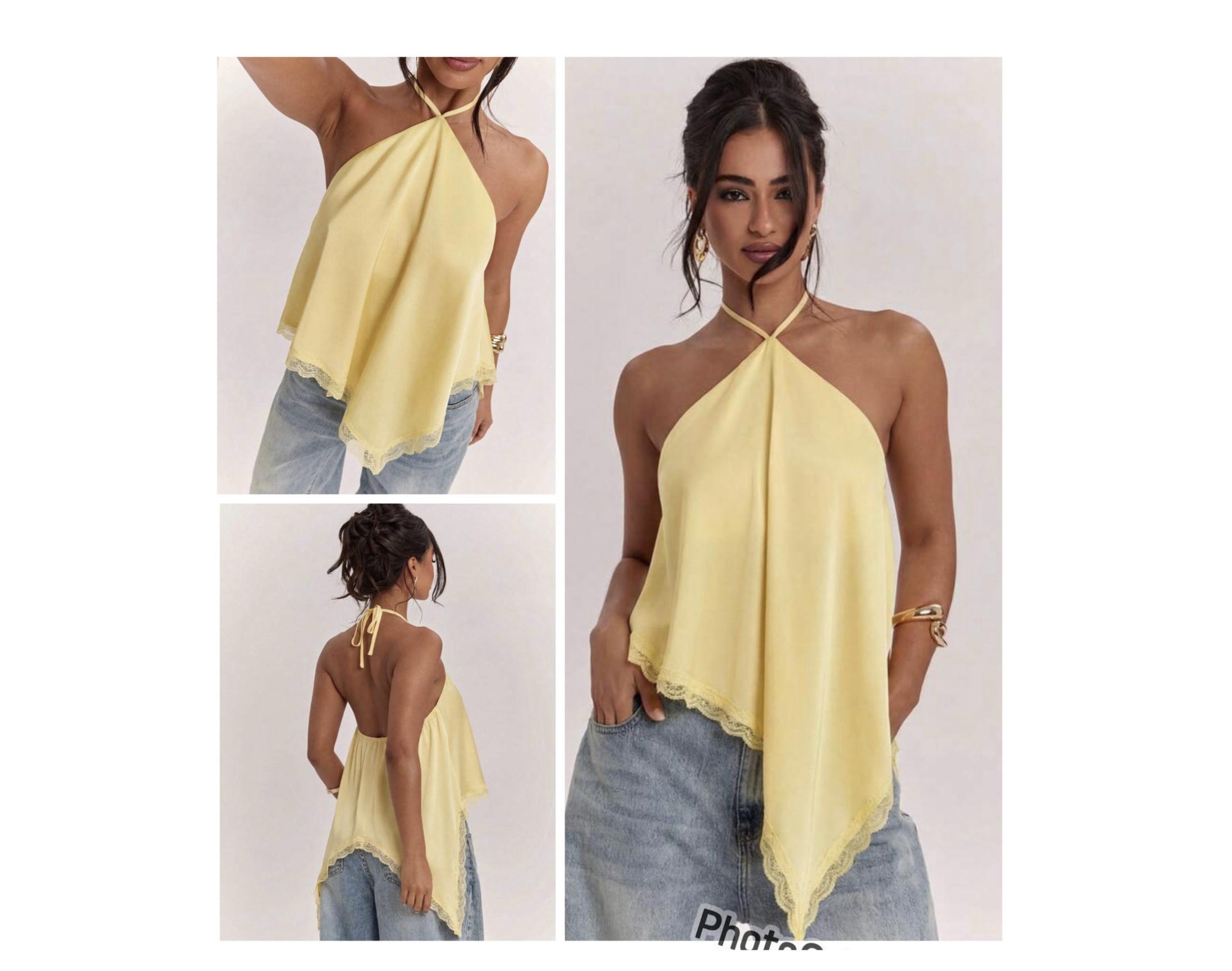 SHEIN halter assymetric scarf silk backless top in yellow M SHEIN halter assymetric scarf silk backless top in yellow M - Image 2