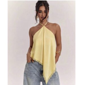 SHEIN halter assymetric scarf silk backless top in yellow M