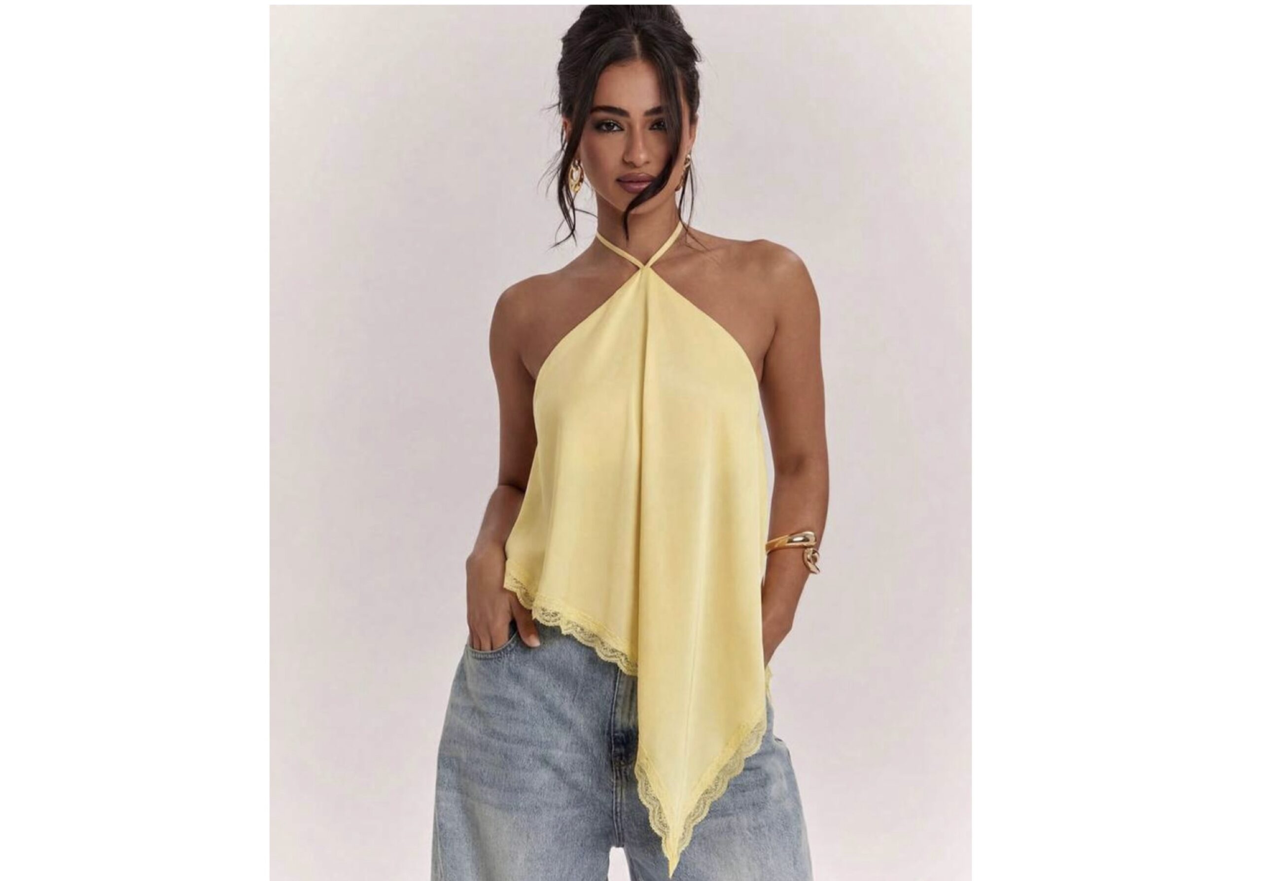 SHEIN halter assymetric scarf silk backless top in yellow M SHEIN halter assymetric scarf silk backless top in yellow M