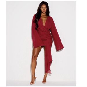 SHEIN deep v neck classy long flare sleeve  mini dress in burgundy red XL