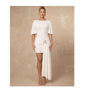 SHEIN official classy white dress with drape and gold embellishment in white S