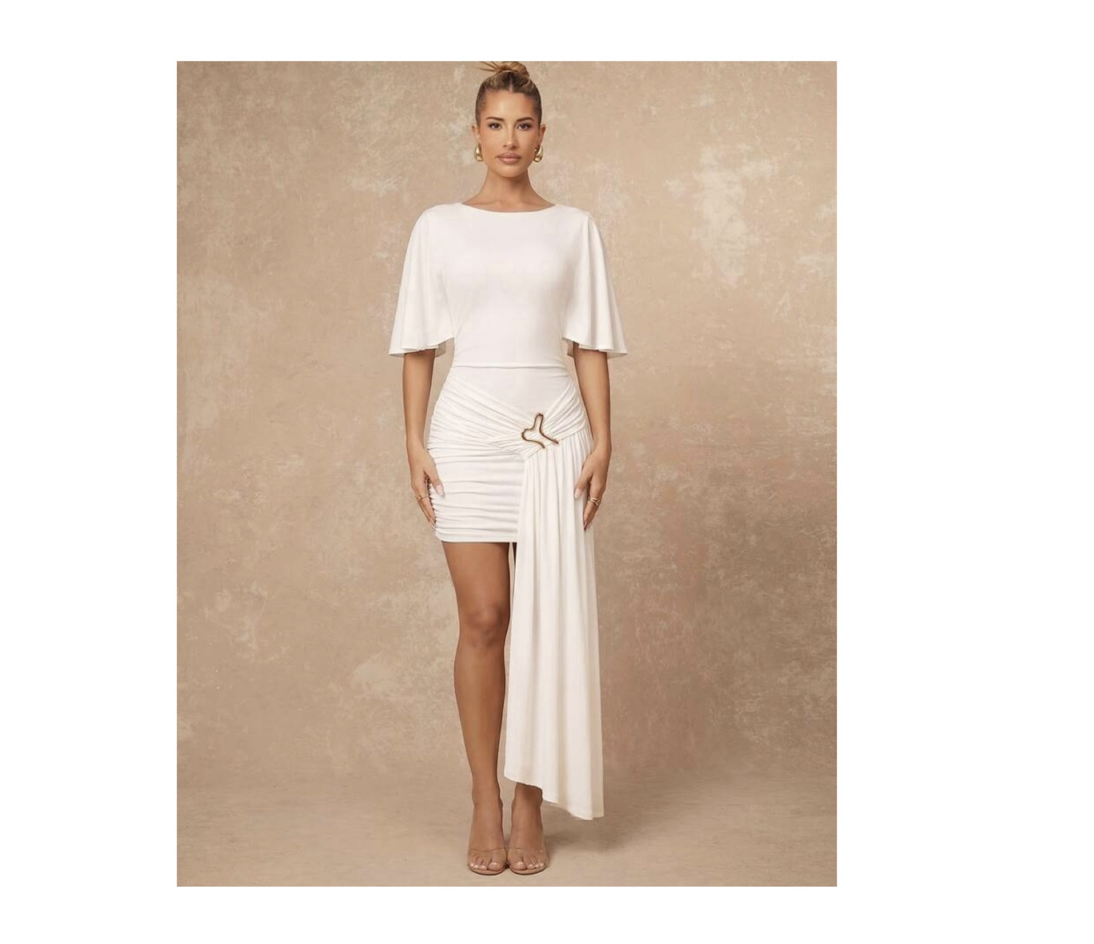 SHEIN official classy white dress with drape and gold embellishment in white S SHEIN official classy white dress with drape and gold embellishment in white S