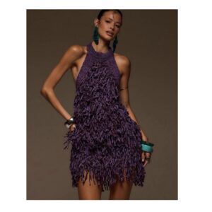 SHEIN classy party halter neck backless knit feather shaggy mini dress in purple  M