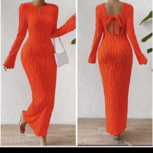 shein long sleeve open back dress in sharp orange